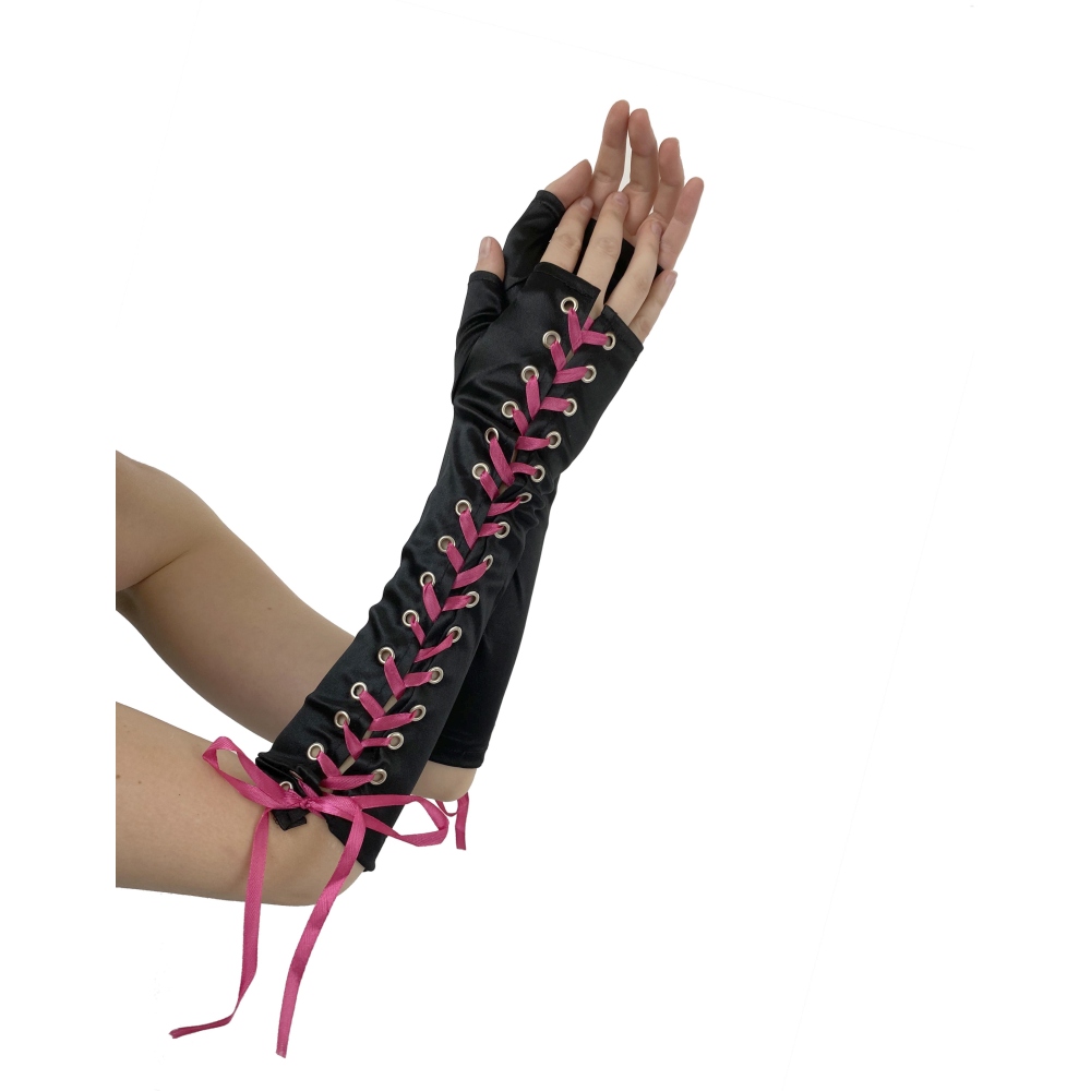 Pamela Mann - Lace Up Handschoenen - Zwart/Roze